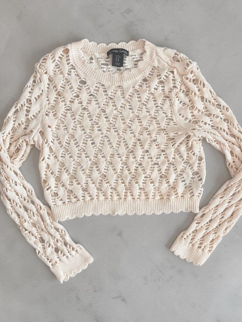 Christian Lacroix Boho Open Knit Long Sleeve Crop Top Cream M